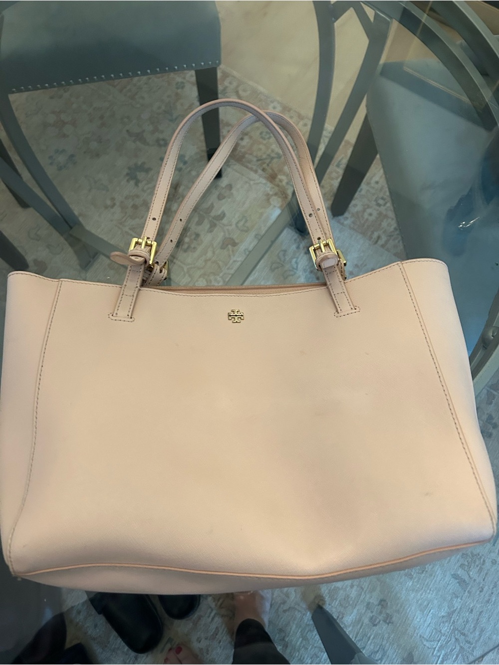 Tory Burch Blush Leather Double-Handle Tote with Gold Hardware